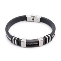 Pulsera De Silicona Punk Trendy Impermeable Para Hombre Con Diseño De Grooved Rudder Pulsera De Acero Inoxidable Casual Black Wristband - details 7