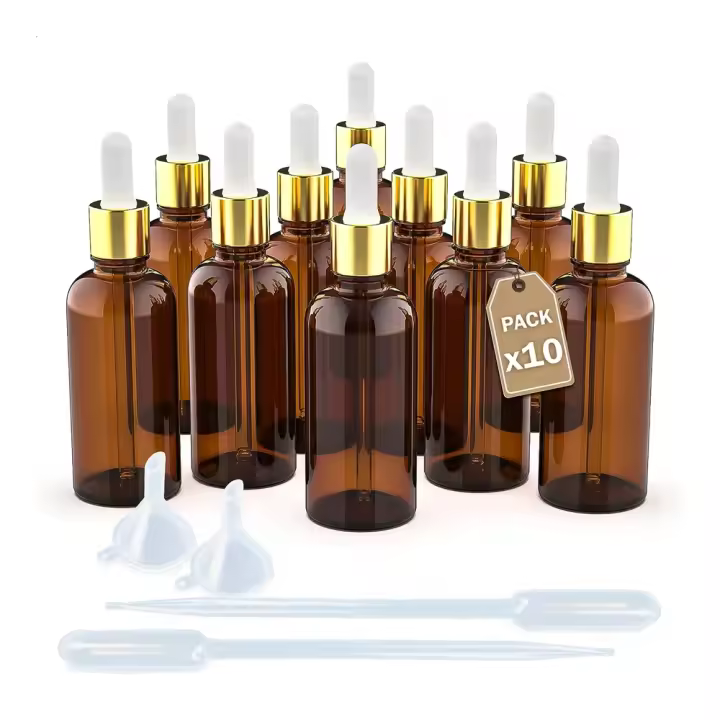 LG Luxury & Grace Cuentagotas de cristal ámbar con cierre dorado y pipeta blanca Pack 10 x 100 ml - 140 x 44 mm - 1