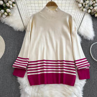 Conjunto De Ropa De Mujer REALEFT Otoño Invierno 2 Piezas Traje De Pista Tejido Con Cuello Alto Rayado Y Pantalones Rectos Polyester Estilo Casual - details 9