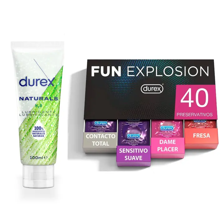 Durex - Lote Fun Explosion, Pack 40 Preservativos + Lubricante Naturals H2O 100ml, Ingredientes Naturales, Sexo Seguro - 1