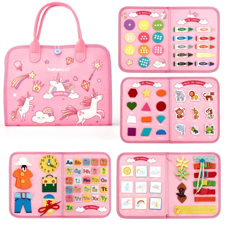 Tablero de actividades Montessori para niños pequeños, libro de juegos educativos preescolares integrales, ideal para viajes en avión y automóvil, regalo de cumpleaños, color rosa - 1