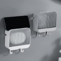Jabonera montada en la pared con tapa abatible, caja de jabón a prueba de fugas con 2 ganchos, caja de jabón autoadhesiva bandeja de jabón de ducha para baños cocinas (gris) - details 1