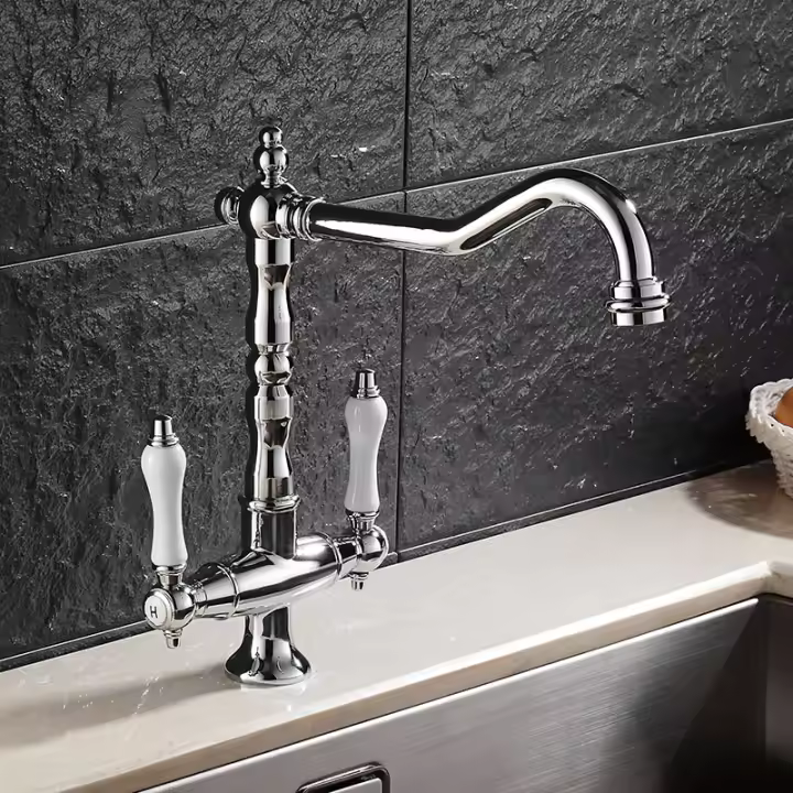 Grifo De Cocina Con Doble Manija Montado En Plataforma Cobre Antiguo Negro Bronce ELK9088 Mezclador De Agua Caliente Y Fría Para Fregadero Instalación En Un Solo Agujero - 1
