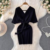 YuooMuoo Vestido De Suéter Tejido Para Mujer Primavera Verano Corto Elegante De Manchas De Alas Negras Bodycon Estilo Callejero Vestido Bandage - details 4