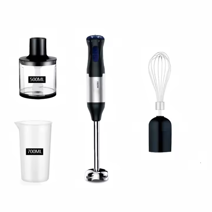 Batidora de Mano Eléctrica Multifuncional de 1000W 4 EN 1 con Picadora, Batidor de Huevos, Vaso Medidor, Base Desmontable y Función Turbo con Cuchilla de Acero Inoxidable. - 1