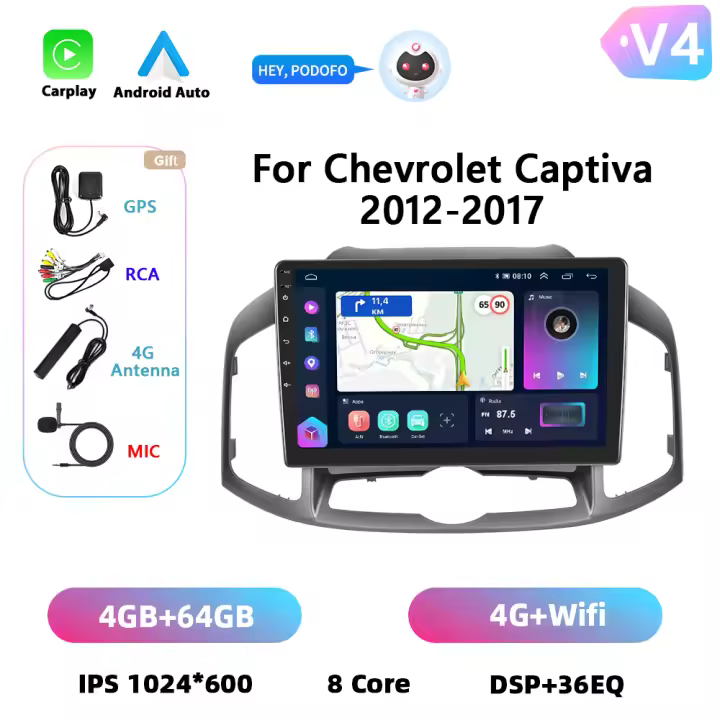 Podofo Radio de coche Android 2 Din para Chevrolet Captiva 2012-2017 Carplay 8+128GB AI Voice WIFI+4G DSP GPS Navegación Multimedia Reproductor de Video - 1