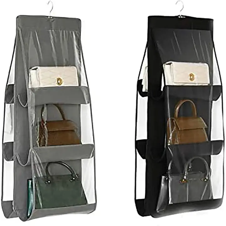 Hanging Handbag Organizer, 2 Pieces 6 Pockets Dust Proof Storage Bag for Cabinet, Closet, Space Saving Organizers System, Washable (Black+Gray) - 1