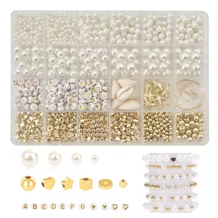 Kit De Joyería Con Perlas Imitación Y Letras Gold Alfabéticas Con Accesorios Con Espaciadores De Plata Esmaltada Y Conchas Para Creación De Joyas - 1