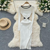 Vestido De Punto Para Mujer REALEFT Otoño Invierno Con Abertura Lateral Y Cuello Redondo Manga Larga Solido Vestido Recto De Oficina - details 3