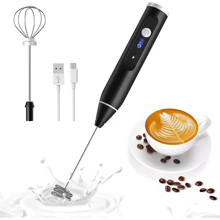 Espumador de Leche Eléctrico de 3 Velocidades, Espumador Electrica de Mano Recargable por USB, Batidor Eléctrico para Espuma de Café, Medidor de Bebidas de Alta Velocidad, Varita de Espuma de Café - 1