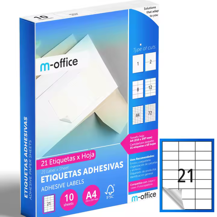 M-office Etiquetas Adhesivas A4 compatible con Label Printer, Pegatinas Blancas Adhesivas para Uso Diario, Papel Adhesivo para Imprimir, Pegatinas para Escribir (21 por hoja, 10h) - 1