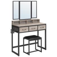 Tocador con espejo triple, taburete acolchado incluido, soporte para secador, con 3 cajones, mesa de maquillaje, varios colores - details 4