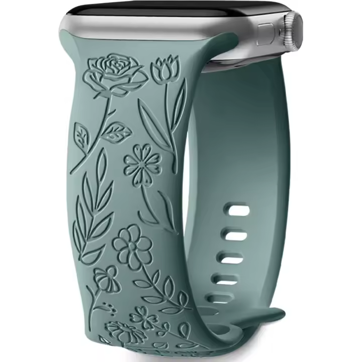 Correa con grabado floral compatible con Apple Watch de 38 mm, 40 mm y 41 mm para mujer. Correa de repuesto para iWatch Series SE 9, 8, 7, 6, 5, 4, 3, 2 y 1, color verde pino. - 1