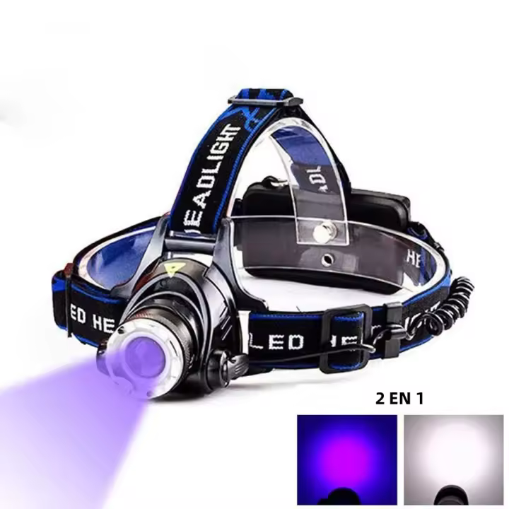 Linterna Frontal LED Potente Con Luz UV Blanca/395nm Y Zoom Recargable USB Impermeable Para Camping Autodefensa Y Actividades Al Aire Libre - 1