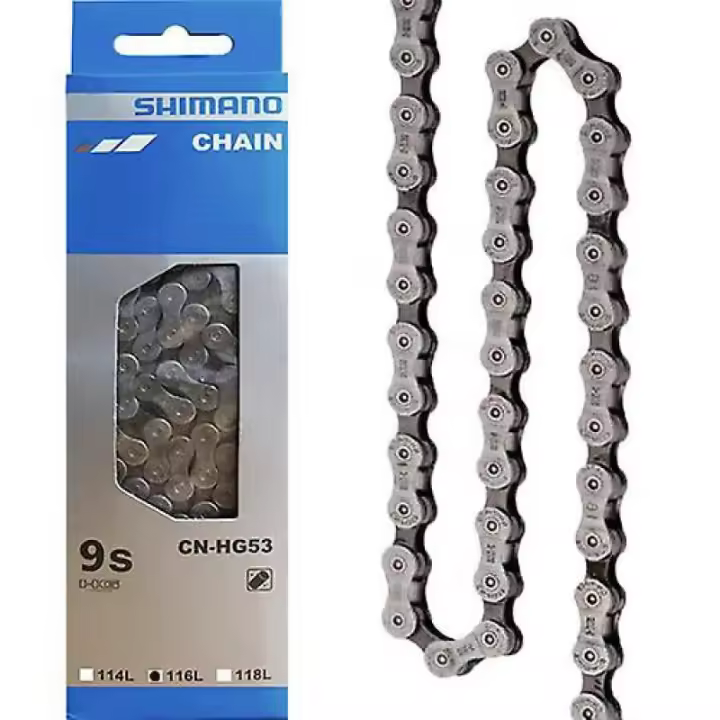 SHIMANO | Cadena HG-53 9v 116 Eslabones - Especialmente fabricada para las transmisiones de 9 velocidades, la cadena HG-53 cuenta con la tecnología HG superestrecha y una estructura precisa.

Cadena - 1