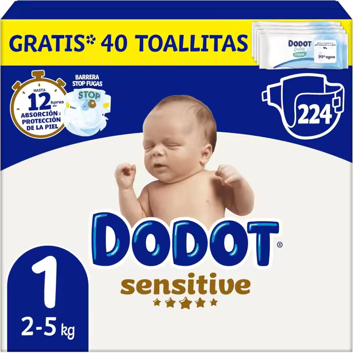 Dodot Pañales Bebé Sensitive, Talla 1 (2-5 kg), 224 Pañales + Regalo de 40 Toallitas Aqua Pure 99% Agua, Hasta 12 h De Protección Antifugas y Cuidado de la Piel - 1