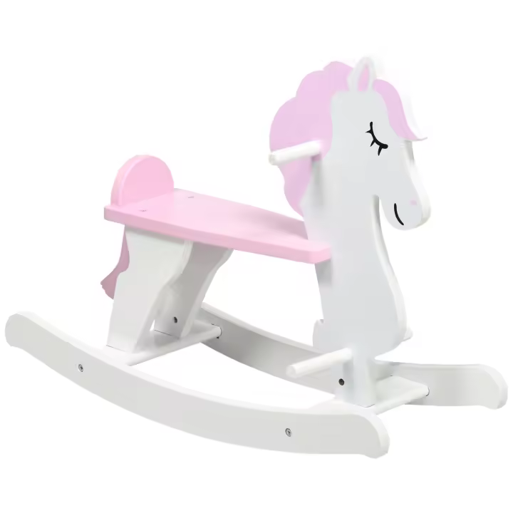HOMCOM Caballito Balancín para Niños de 1-3 Años Caballo Mecedora de Madera con Manillar y Pedales Carga 50 kg 68x27x46,5 cm Blanco y Rosa - 1