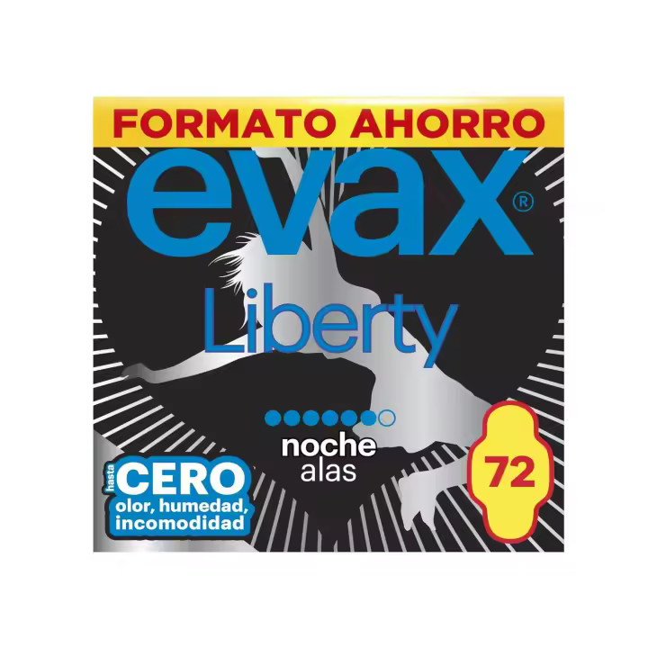 Evax Liberty Noche con Alas, 72 Compresas, Hasta Cero Olor, Humedad e Incomodidad - Formato Ahorro - 1