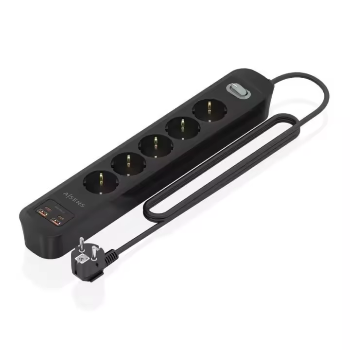 Aisens · Regleta de 5 Tomas + 2 USB + 2 USB-C · Cable 1,4m · Negro - 1