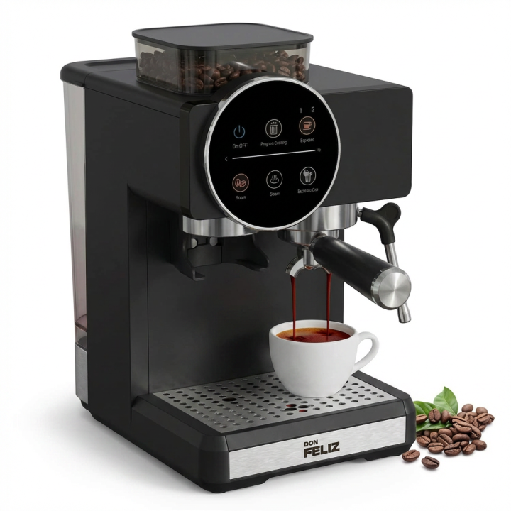 DON FELIZ Cafetera superautomática con Molinillo Integrado 20 Bar 1350W, Tolva de Granos 100g, Depósito 1.8L, Portafiltro 51mm, Vaporizador de Leche, Espresso Frío y Caliente, Cappuccino, Doble Espresso, CE RoHS