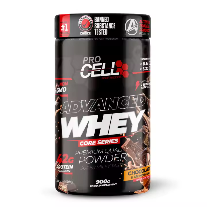 Proteína Concentrada - Whey Core 900gr Chocolate & Crunchy bar (topping choco crunchy bar) Procell Sport - Suplemento Deportivo Alto en Proteína y  Bajo  en Carbohidratos - 1