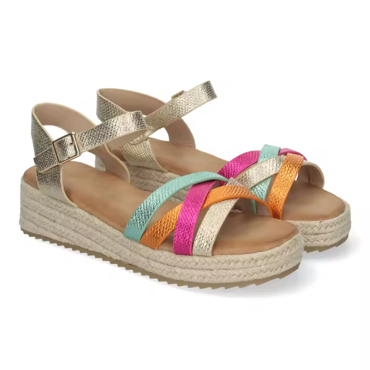 Davinia Shoes Sandalias Planas para Mujer, con Yute, Elegantes y Comodas con Tiras Cruzadas y Hebilla Ajustable, Ideales para Verano. Shoes&Blues.es CF-2480-Multi - 1