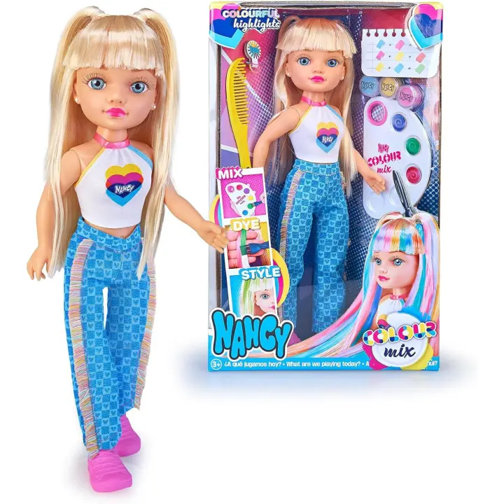 Nancy Colour Mix, Muñeca Fashion Que Incluye un Kit de 3 Acuarelas, CREA Añade Mechas al Cabello con el Pincel, Numerosos Peinados con Coleteros y Peine Incluidos (Famosa NAC92000) - 1