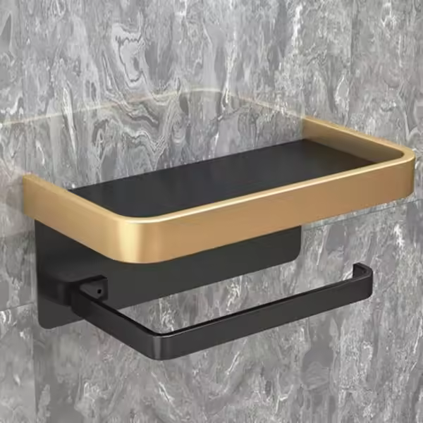 GALOZZOIT Portarrollos de papel higiénico para baño, sin perforaciones, para montaje en pared (doble capa, negro y dorado) - 1