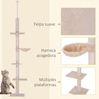 PawHut Árbol Rascador para Gatos 40x34x230-260 cm Árbol Escalador de Gato para Fijar al Techo Altura Ajustable con Plataformas Hamaca y Postes de Sisal Beige - details 6