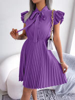 Vestido Elegante De Mujer Con Cintura Alta Y Volantes Para Primavera Y Verano Estilo Casual Collar Con Lazo Cuello Alto Y Mangas Batwing - details 23
