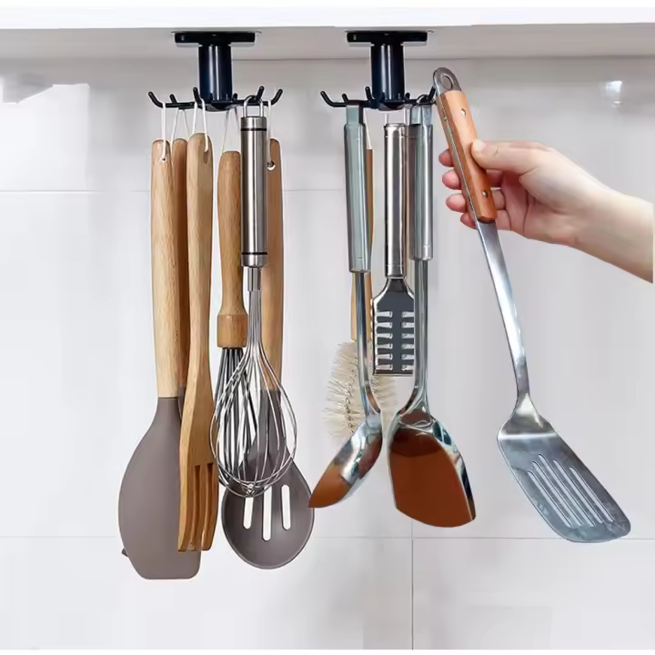 2 piezas de utensilios de cocina giratorios 360 ° Soporte para utensilios de cocina con 6 ganchos, almacenamiento sin taladro para - 1
