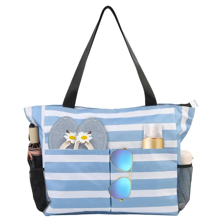 Bolsas de playa para mujer, bolsas de playa grandes, bolsa de playa impermeable con cremallera, bolsa de piscina para viajes de vacaciones, azul - 1