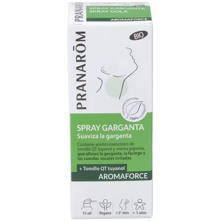 Pranarôm AROMAFORCE SPRAY GARGANTA 1 ENVASE 15 ML - Alivia Molestias Garganta - Reforzado con Propóleo - Aceites Esenciales BIO - Lima Hierbabuena Limonero Cajeput Menta de Campo - 1