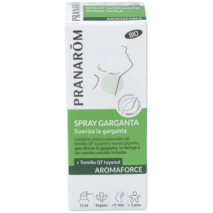 Pranarôm AROMAFORCE SPRAY GARGANTA 1 ENVASE 15 ML - Alivia Molestias Garganta - Reforzado con Propóleo - Aceites Esenciales BIO - Lima Hierbabuena Limonero Cajeput Menta de Campo - 1