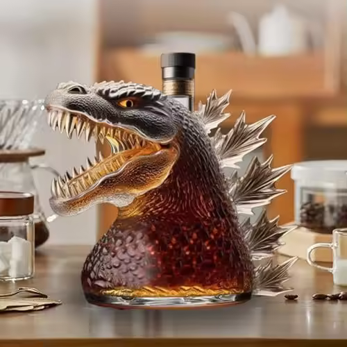 Botella de whisky de 330 ml - Estatua artística, botella de whisky de dinosaurio monstruo, nueva estatua de dinosaurio andante (2025), botella de whisky de vidrio, regalo navideño, decoración original para el hogar y el bar (B) - 1