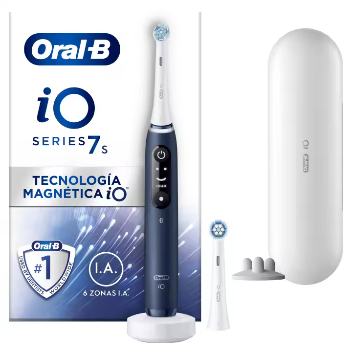Oral-B iO 7S cepillo eléctrico azul con 2 cabezales y 1 estuche de viaje diseñado por Braun - 1