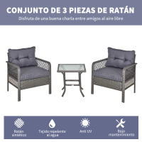 Outsunny Conjunto de Muebles de Ratán 3 Piezas de Jardín con 2 Sillones 65x66x75 cm y Mesa de Vidrio Templado 50x50x50 cm con Cojines Acolchados para Terraza Patio Exterior Gris - details 3