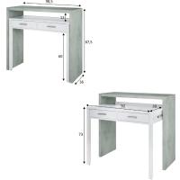Meimon Mesa auxiliar extensible con 2 cajones, guías metálicas, ruedas en módulo extraíble, estructura de melamina E1, cantos PVC, patas y cajones en MDF lacado blanco, tiradores ABS gris aluminio, 98,5x36/66x87,5 cm, capacidad total 25 kg - details 3