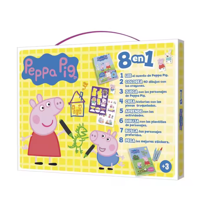 Peppa Pig Maletín Actividades 8 en 1 Peppa Pig, Incluye Actividades, Pegatinas, Cuento, Cuaderno para Colorear, Papelería Infantil para Niños y Niñas, +3 Años, 23x17x5cm - 1