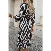 Vestido Largo Elegante Para Mujer Con Cuello Y Lazo En Patoño De Zebra Talla S-XXL Moda Nueva Manga Larga Ajuste Cintura - details 1