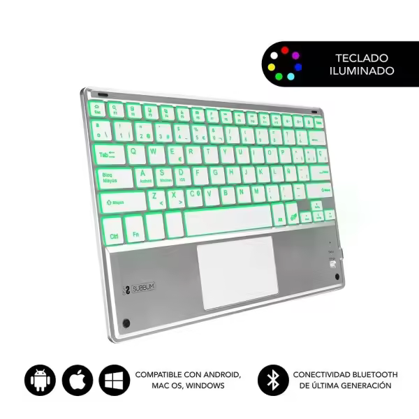 Subblim teclado retroiluminado ultrafino smart bt - touchpad - iluminaciÃ³n hasta 7 colores ajustables - bluetooth 3.0 - autonomia 30 dias - color plata - 1