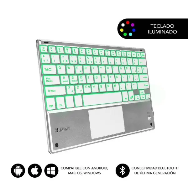 Subblim teclado retroiluminado ultrafino smart bt - touchpad - iluminaciÃ³n hasta 7 colores ajustables - bluetooth 3.0 - autonomia 30 dias - color plata - 1