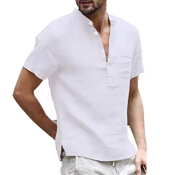 Men's Casual Cotton Linen T-shirts Short Sleeve V-neck Breathable Button Down Shirts S-5XL - 1
