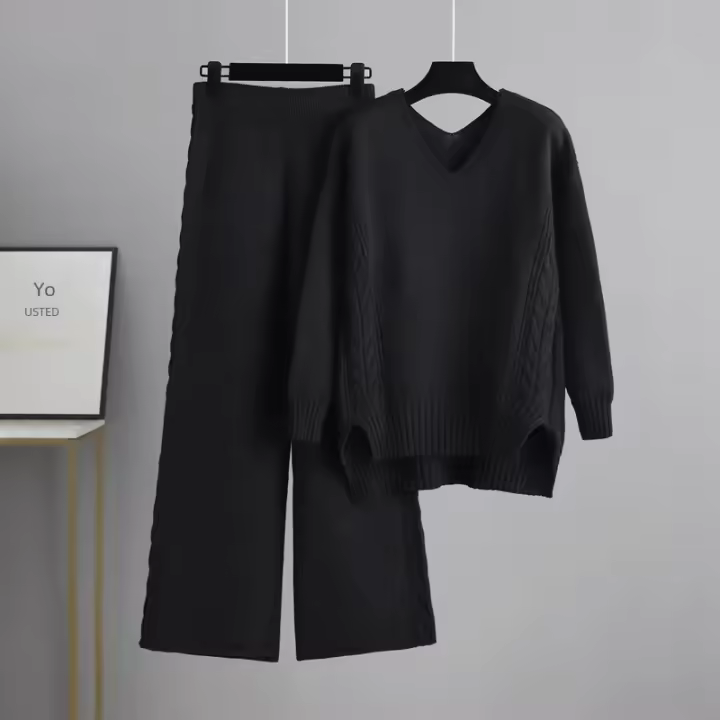 Conjunto De Suéter Y Pantalones Para Mujer HLBCBG Otoño Invierno 2 Piezas Tejido De Cashmere Estilo Casual Oversize V-Neck - 1
