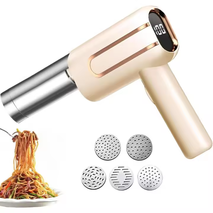 Máquina para Hacer Pasta de Mano, Prensa de Masa eléctrica 5 en 1 con 5 moldes de Formas Diferentes, batería de 4000 mAh, Prensa de Fideos en 15 s, máquina prensadora de Fideos de 40 W para Beige - 1