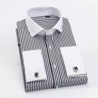 Camisa De Manga Larga Para Hombre Con Cuello Windsor Y Faldón Contrastante Estilo Formal Ajustada Con Patrón Rayado Y Cuello Francés - details 20