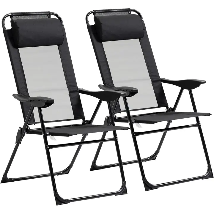 Conjunto de 2 Sillas de Camping Plegables Sillas de Jardín con Reposacabezas Desmontable y Respaldo Reclinable en 5 Niveles Carga 120 kg 62x70x109 cm Negro - 1