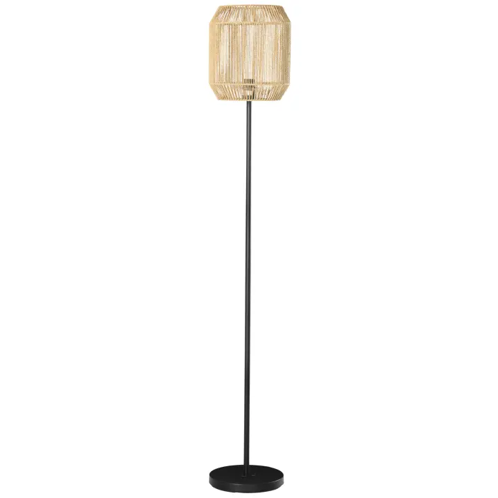 HOMCOM Lámpara de Pie para Salón Casquillo E27 Máx. 40W Lámpara de Suelo con Pantalla de Cuerda de Papel e Interruptor de Pie para Cocina Dormitorio Habitación Ø26x164 cm Natural y Negro - 1