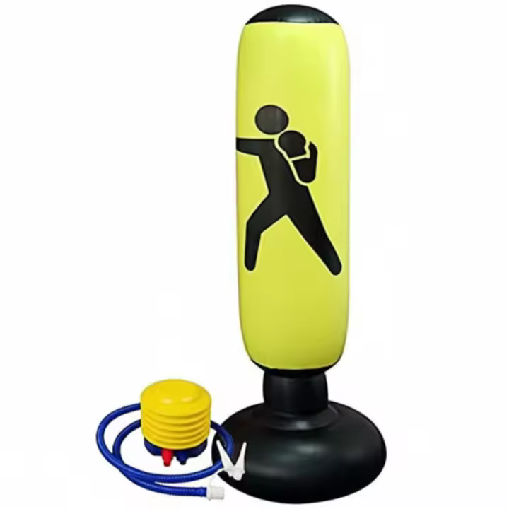 JOWY Saco de Boxeo Inflable. Saco de Boxeo de pie para Niños con hinchador Incluido. Base de Relleno con Agua o Arena, sujeción. 160cm Alto. (Amarillo) - 1