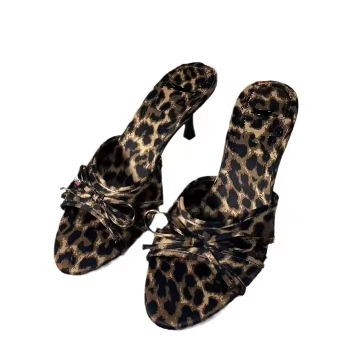 2025 ZA Verano Nuevo Leopardo Lazo Boca de Pez Sandalias de tacón alto con puntera agujereada Sandalias exteriores de una correa - 1